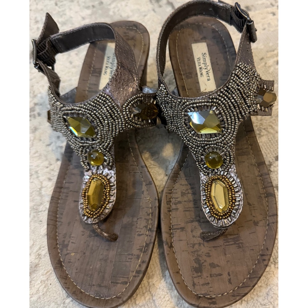 Simply Vera Vera Wang Metallic Jeweled Wedge Sandals Pewter Amber Beads Size 6.5